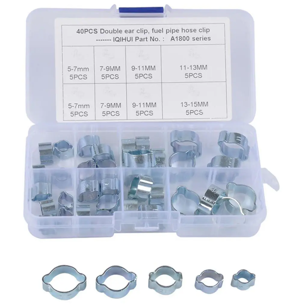 40Pcs Metal Double Ear Hose Fuel Clamp 5 Size Clips for Gas Water Oil Pipe