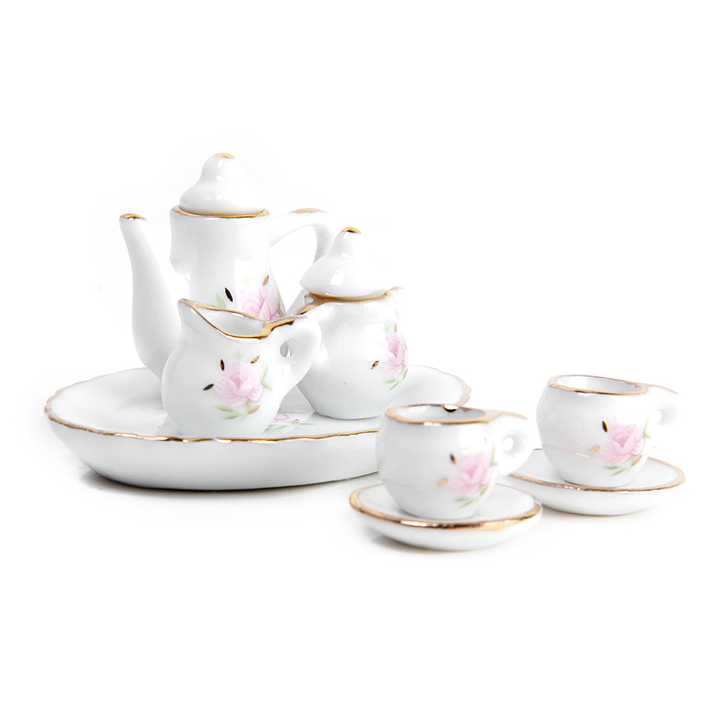 Impressão com Guarnição Bonecas Casa Miniatura Porcelana Chá Conjunto Rosa Flor Dourada 8 Pçs 5 Cheap Brinquedos de cozinha
