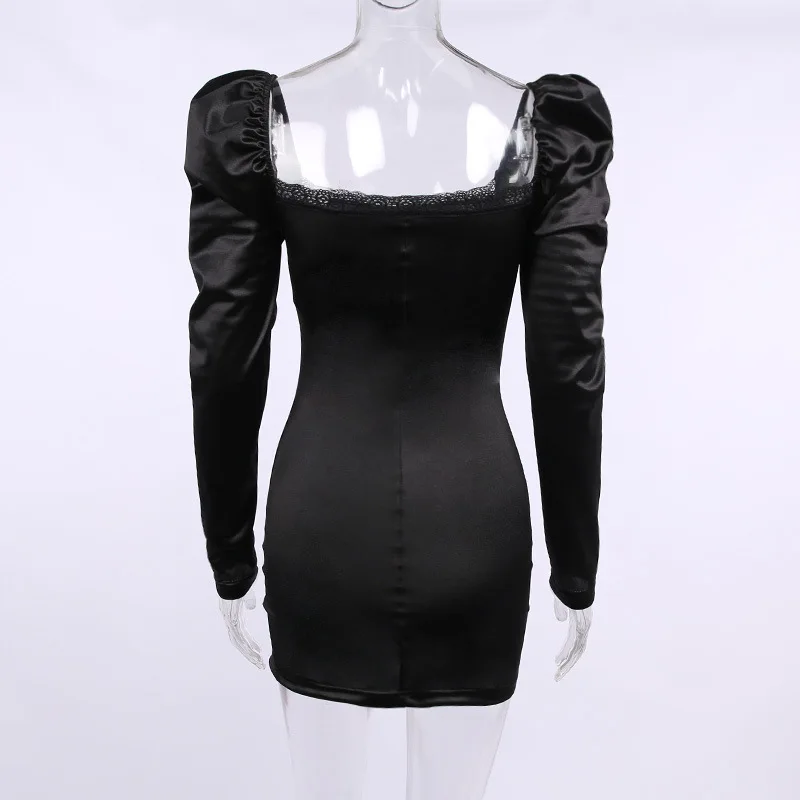 Punk Vintage Gothic Cross Black Dress Sexy Women Split Hight Waist Puff Sleeve Skinny Mini Dress E-girl Mall Grunge Clothes