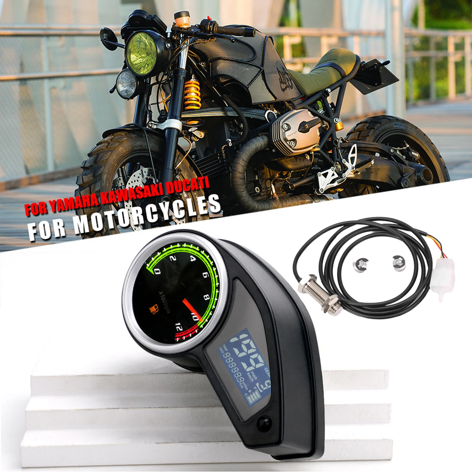 Digital Speedometer Tachometer Fuel Gauge Backlight LCD Screen Waterproof for RPS 250 Black