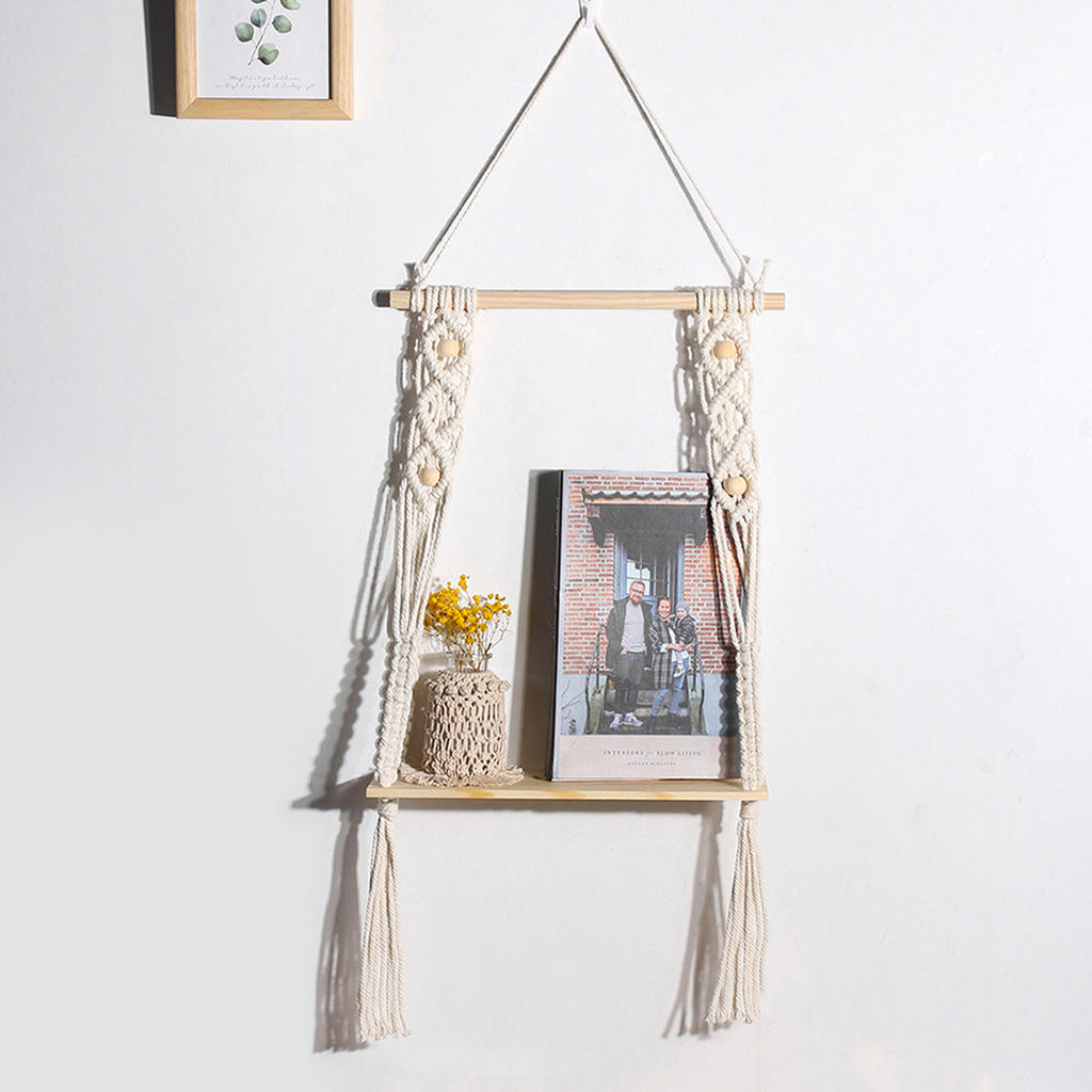 Chic Macrame Wall Hanging Shelf Woven Display Rack Home Storage Magazines Flower Pot Wood Shelf Hanger Organizer Decor