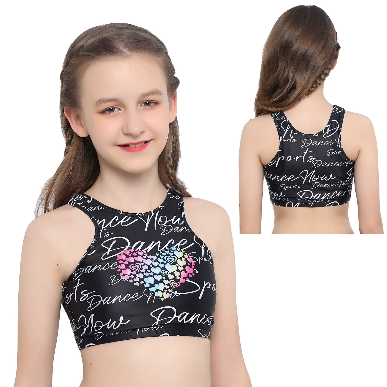 YONGHS Kids Girls Sports Crop Top Sleeveless Racer Back Shiny Letters Dance Printed Ballet Dance Tank Top 