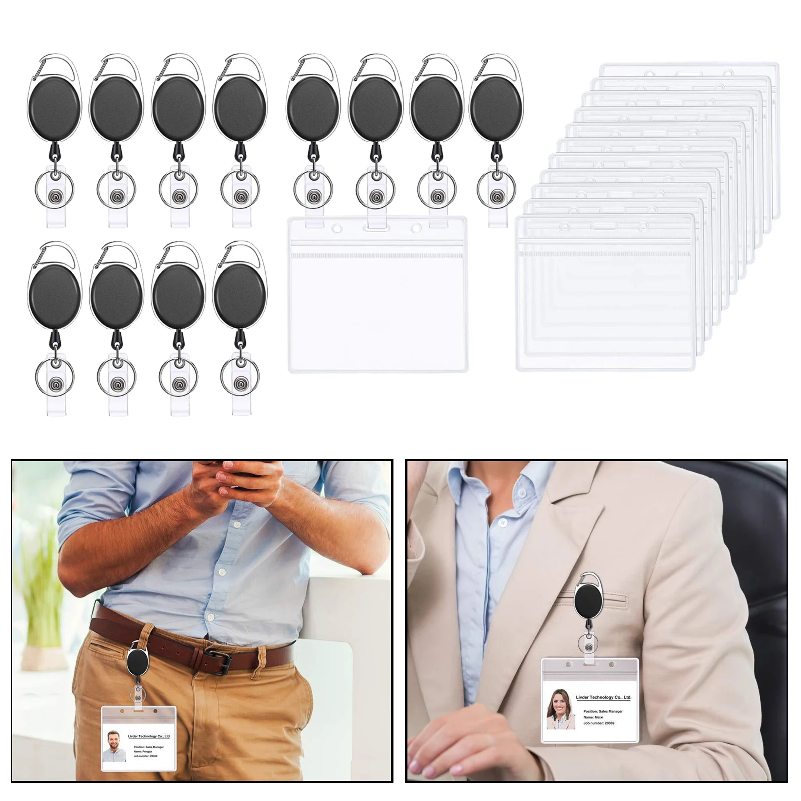 12 PCS Black Retractable Badge Reel w/ Belt Clip Key Ring ID Card Holder Photo Name Tag Holders for School Students Worker