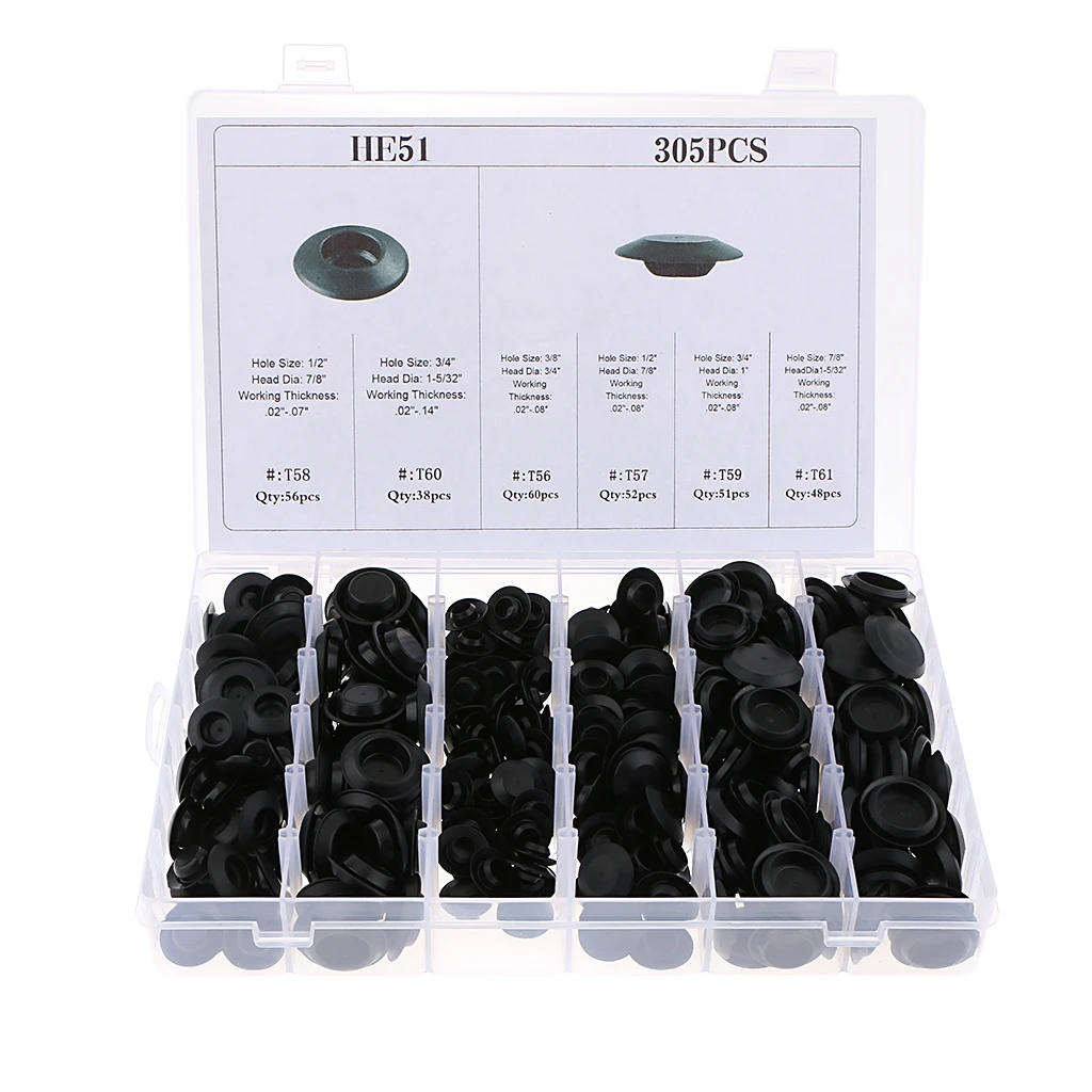 305 Pieces 6 Kinds Rubber Snap-In Blanking Plug Body Hole Bungs Stopper Kits Rubber Snap In Blanking Plug Car Mouldings Trim