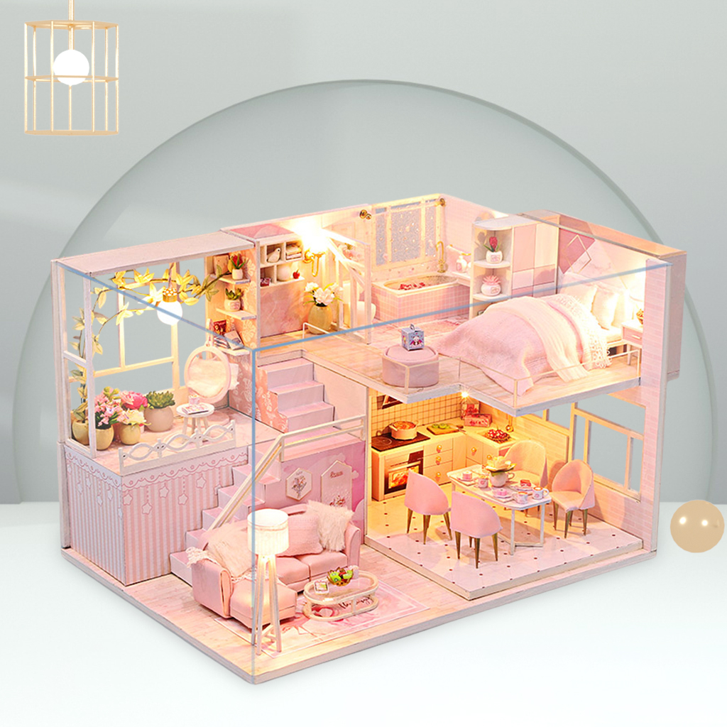 DIY Dollhouse Kit Plus LED Light & Dustproof Case Battery Case Wood Pink Cottage Creative Room Self Assembly Model for Girls