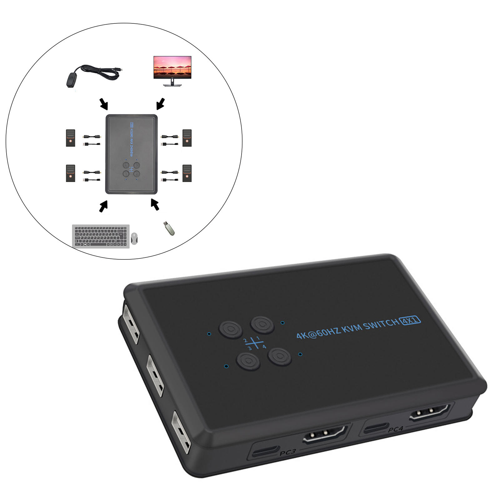 KVM Switch  4 Port Box, UHD 4K@60Hz & 3D & 1080P Supported, Downward