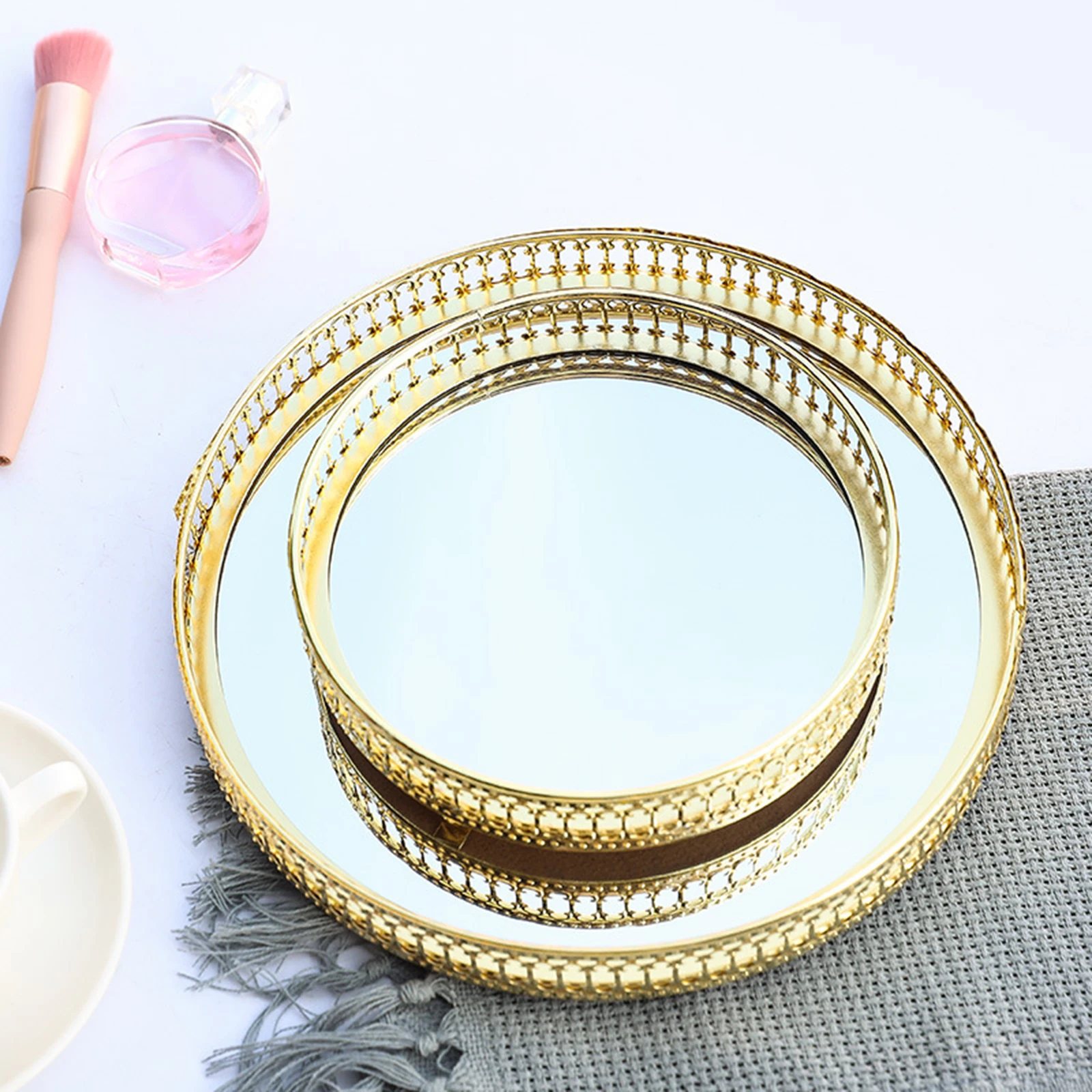 Vintage Mirror Glass Metal Storage Tray Gold Round Fruit Plate Desktop Small Items Jewelry Display Tray Plate