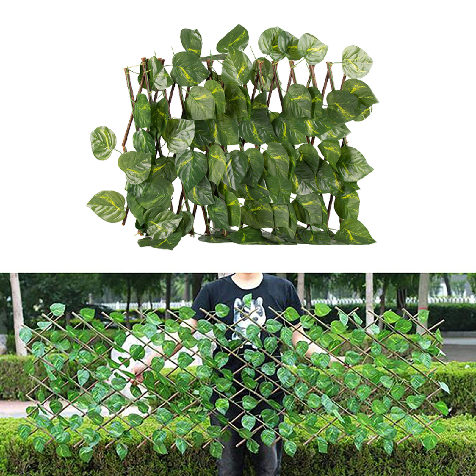 Expandable Garden Screening Trellis Wooden Fence with Artificial Leaves