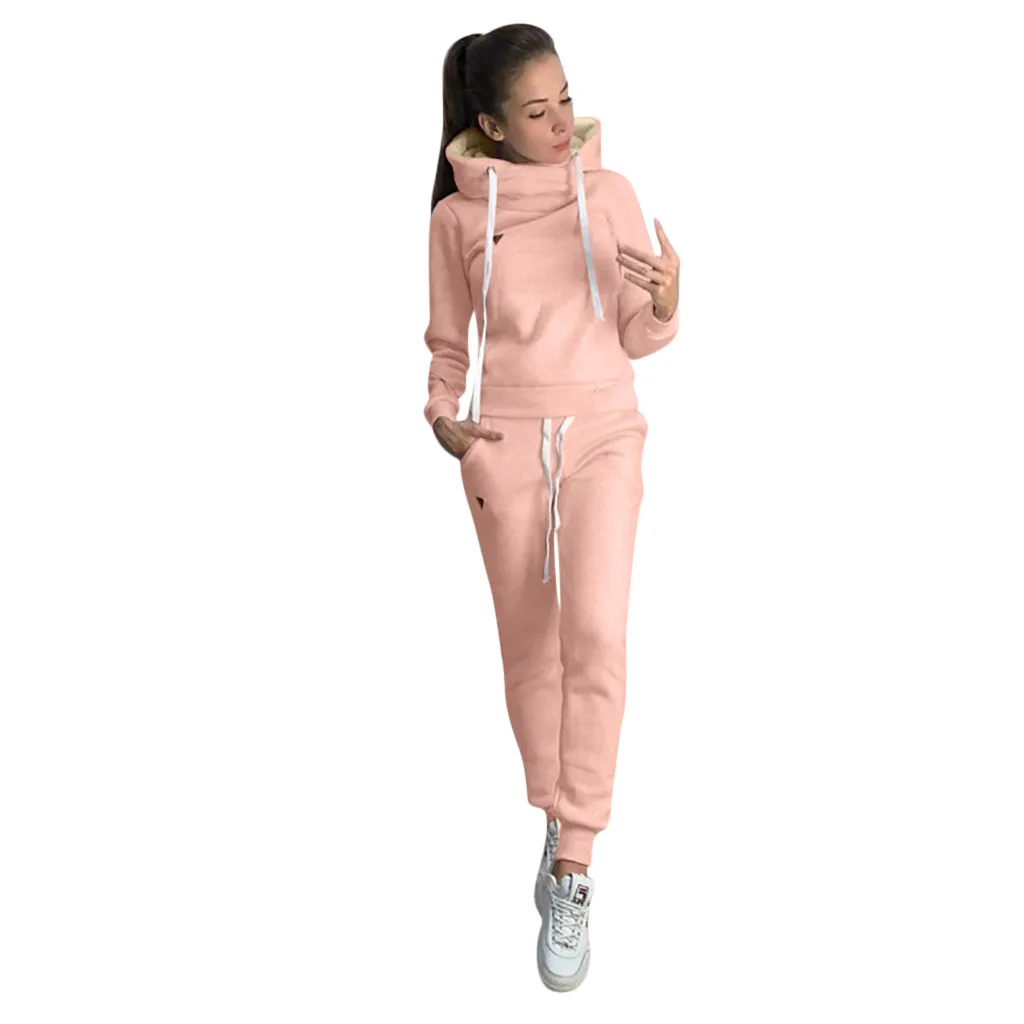 womens pant suit set Women's Autumn and Winter Fleece Fashion Pullover Hoodie Stretch Waist Jogging Pants Leather Badge Casual Sports Suit 2021 pant suit for wedding guest