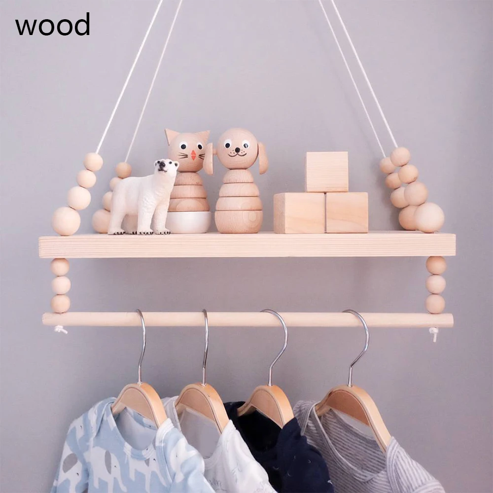 Nursery Bedroom Wardrobe storage. Childrens Wooden beaded Hanging Clothes Rail 