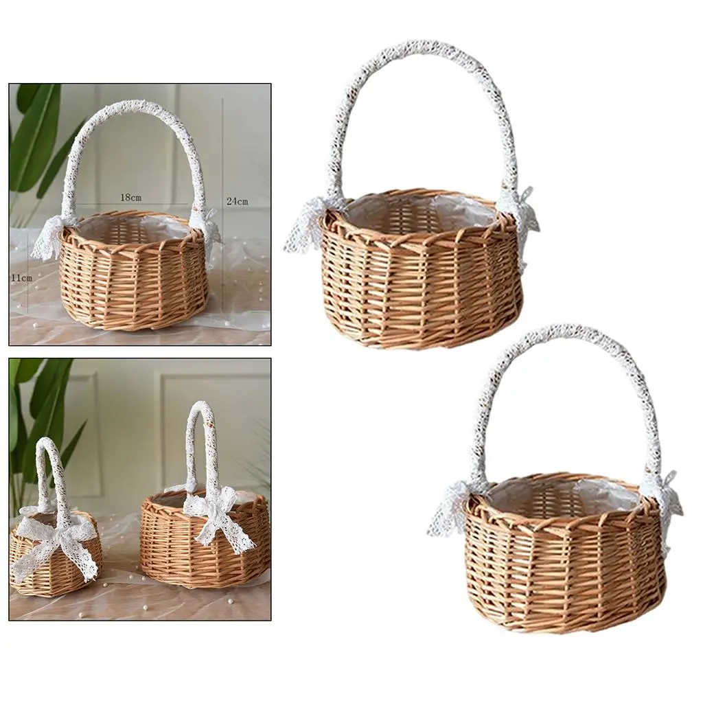 Woven Basket Flower Basket Woven Ratten Flower Basket Wedding Hand Basket Kitchen Foods Storage Organizer L 