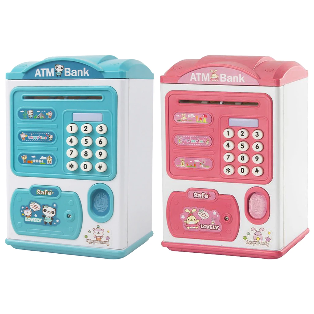 Mini ATM Machine Children`s Electric Piggy Bank Simulation Fingerprint Lock Automatically Rolling Money Password Lock Safe Boxes