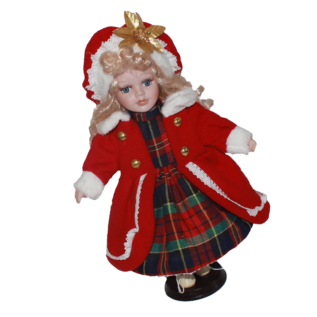 30cm Lifelike Porcelain Girl Doll in Red Plaid Dress, Hat with Stand Kit #2