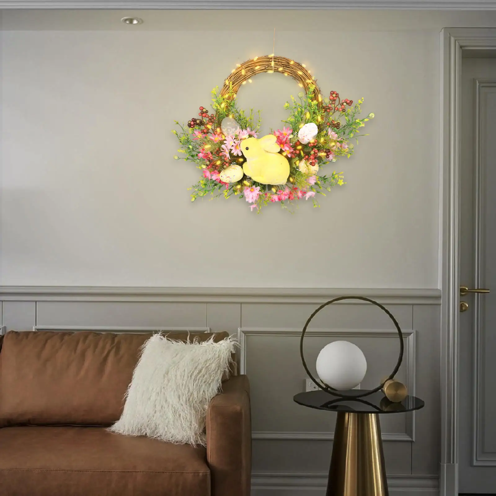 Artificial Easter Wreath Bunny Floral Easter Eggs String Lights Garland for Front Door Windows Wedding Party Wall Hanging