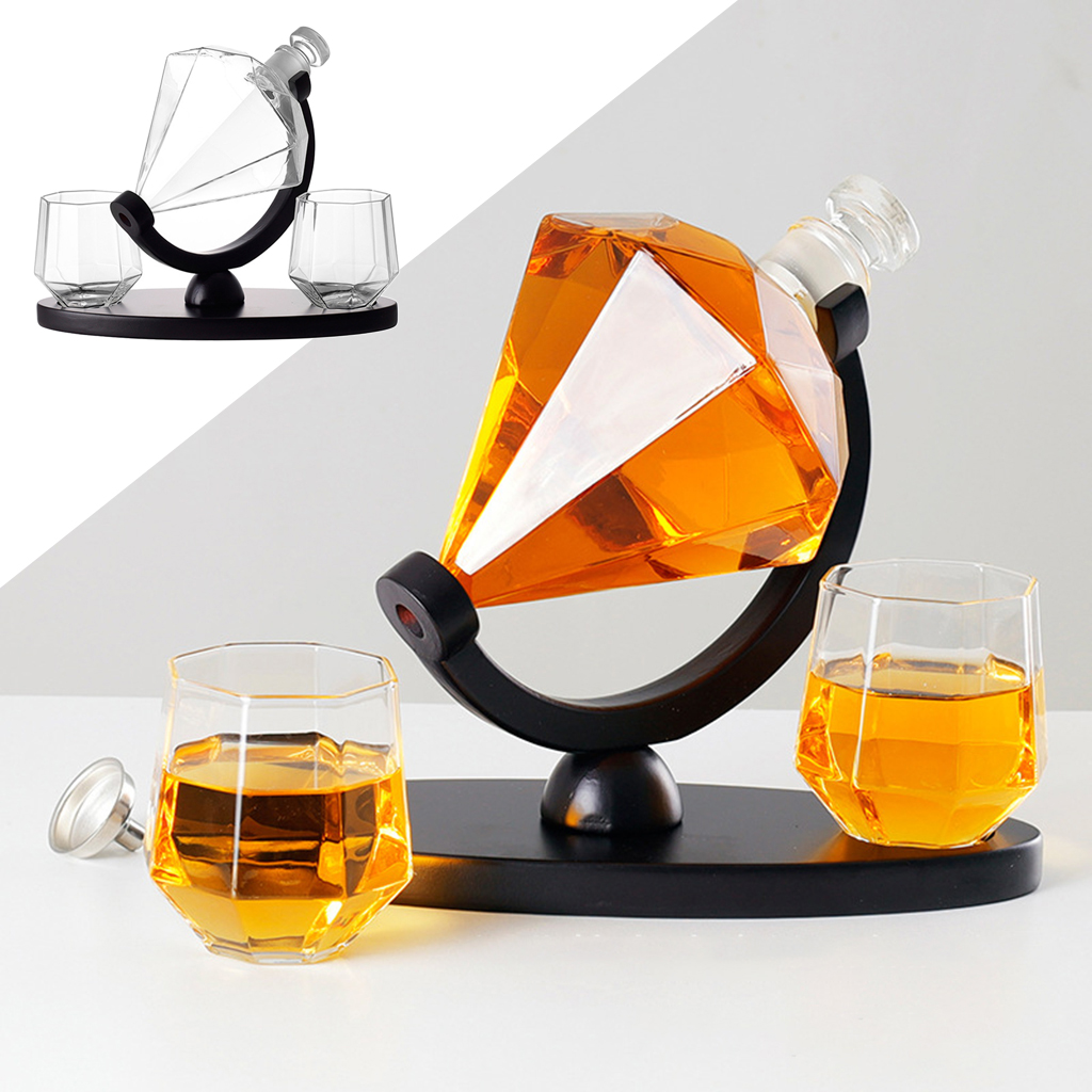  Decanter Wine Glass Set Diamond Crystal Whisky Carafe with Fine Wood Stand Liquor Decanter