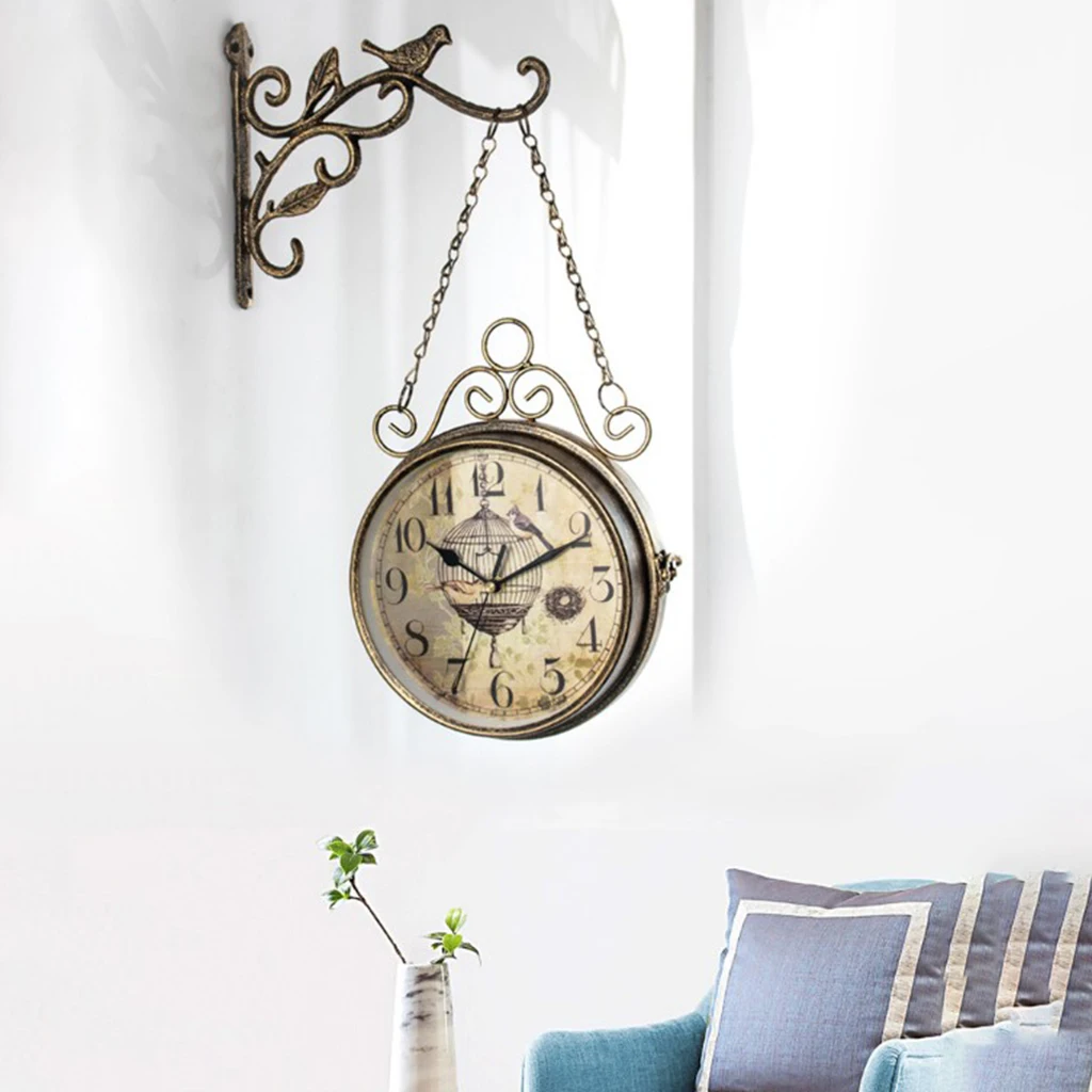 Double Sided Wall Clocks, Battery Powered Metal Vintage Style Clock Antique Circle Station Wall 2- Side Hanging Clock Wall Home