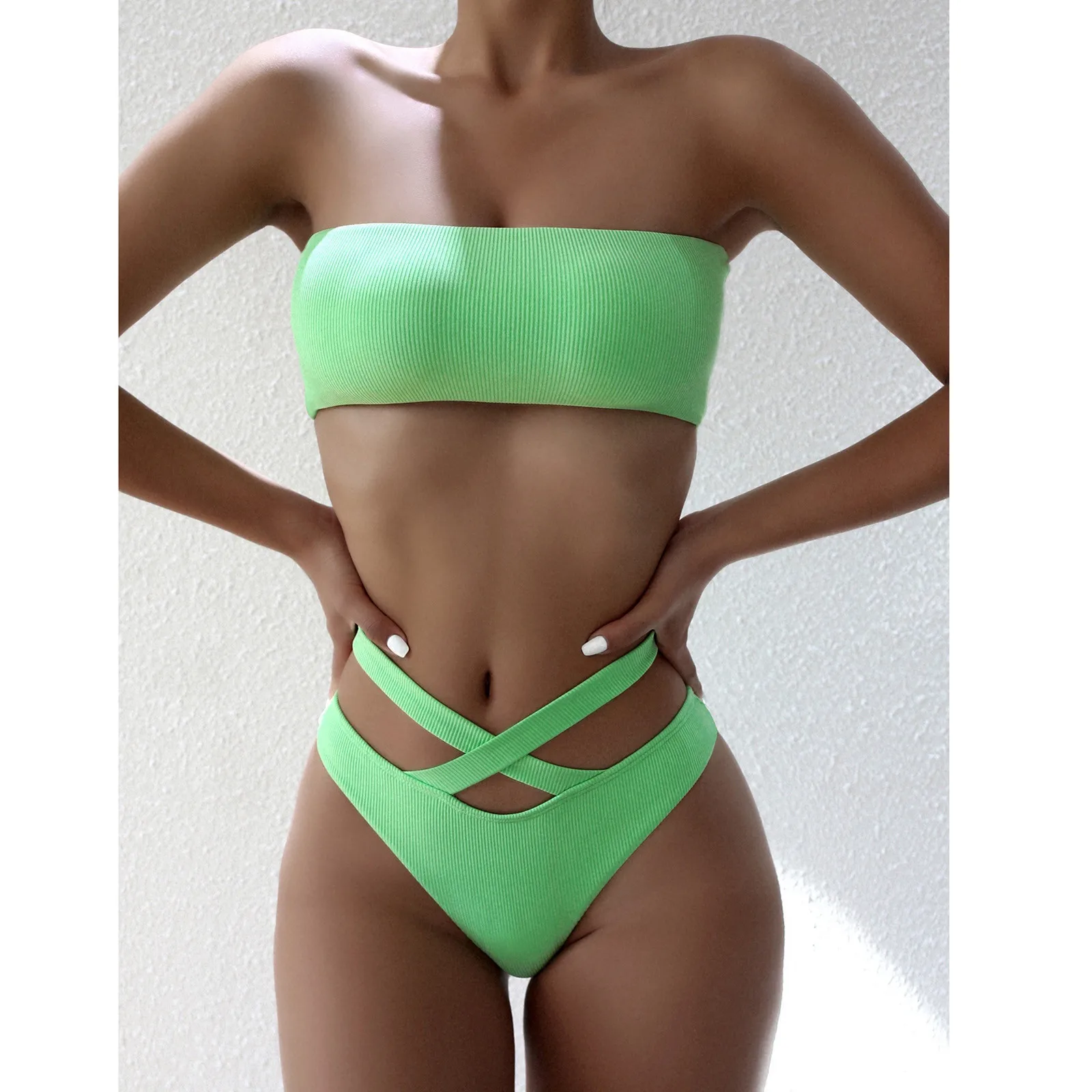 Women's Solid Color Tube Top Swimsuit Biquinis Feminino 2021 Cintura Cross Brazilian Thong Swimming Costume|Bikini Set| - AliExpress
