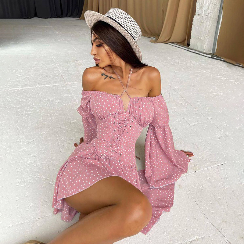 Waliicorners Vintage Dress Polka Dot Flare Sleeve Pleated Dresses Bohemian Dress Long Sleeve Tie Up Corset 10 Hb852c394f9e74aca91ae888e6da44d4d3
