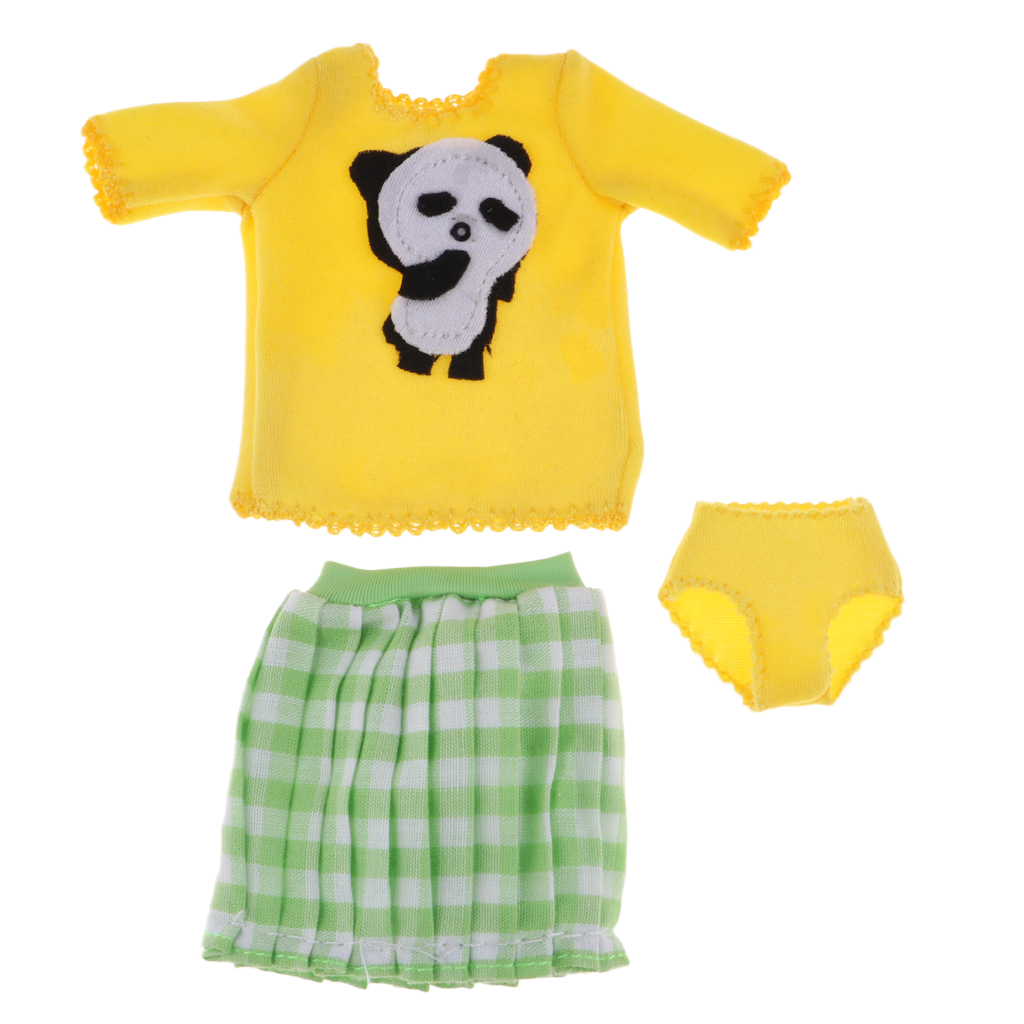 Adorable Cartoon Costume T-shirt & Plaid Miniskirt For 12inch Blythe Dolls