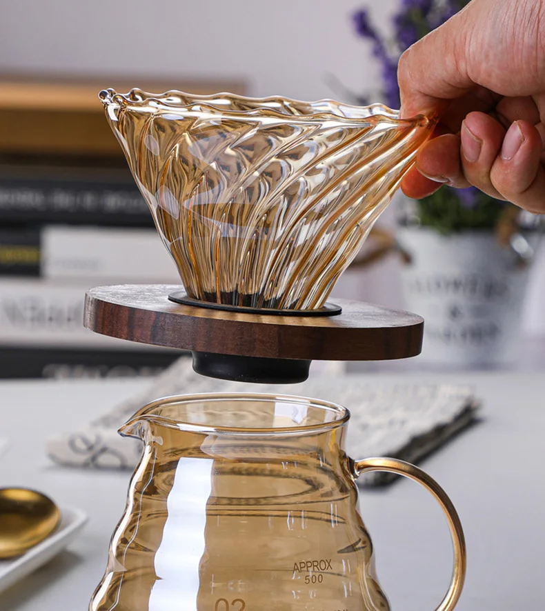 Pour Over Coffee Set V02 Dripper 600ml Coffee Server V60 Filter Glass Funnel Drip Coffee Maker Brewing Cup with Wooden Holder