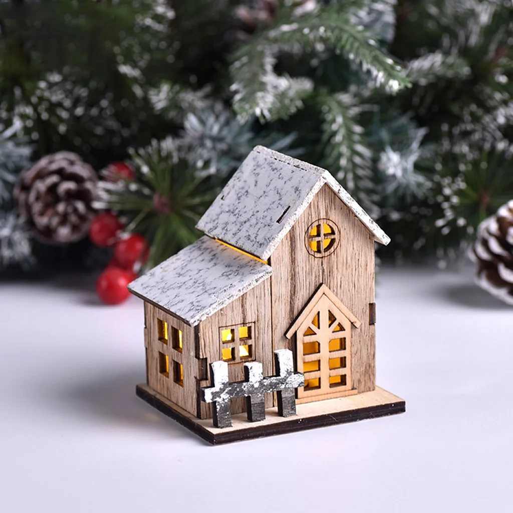 Christmas Scene Village Wood Houses Town Decoration With Led Light Christmas Ornament Kids Gift For Home Decor