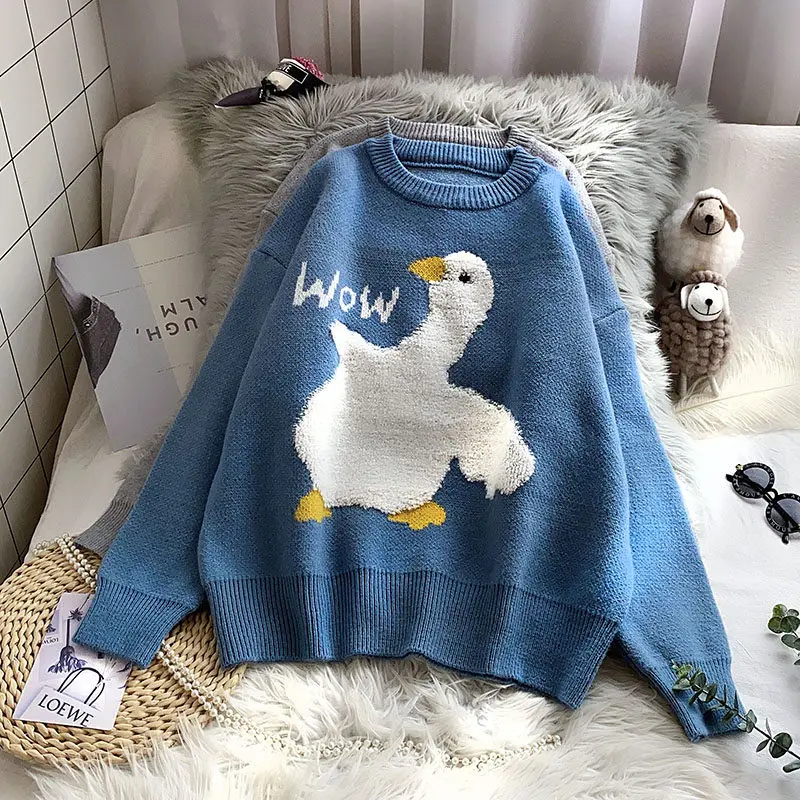 Wow White Duck Knitted Sweater Sweet Girls Casual O-Neck Pullovers Preppy  Style Loose Cartoon Jumpers Autumn Winter Warm Tops