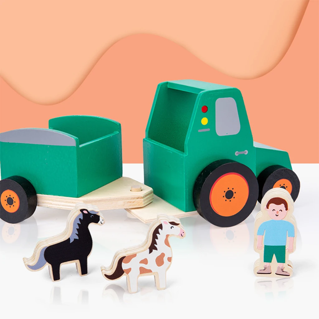 1PCS Handmade Lovely Wooden Car Tractor Trailer Carrier Truck w/ Driver & Horse Educational Travel Toys Game
