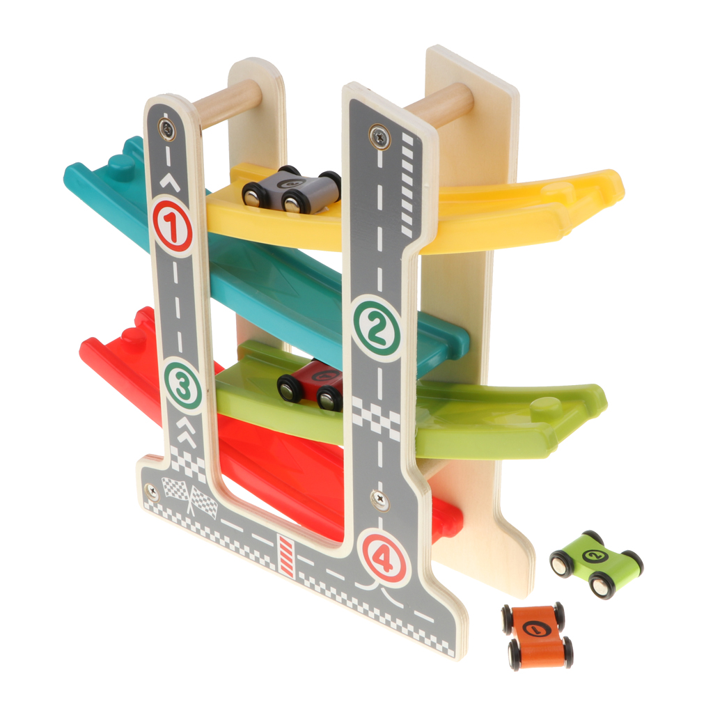 Wooden Slider Click Clack 4 Layer Race Track Playset with 4 Race Cars, Kids Toddlers Preschool Educational Toy