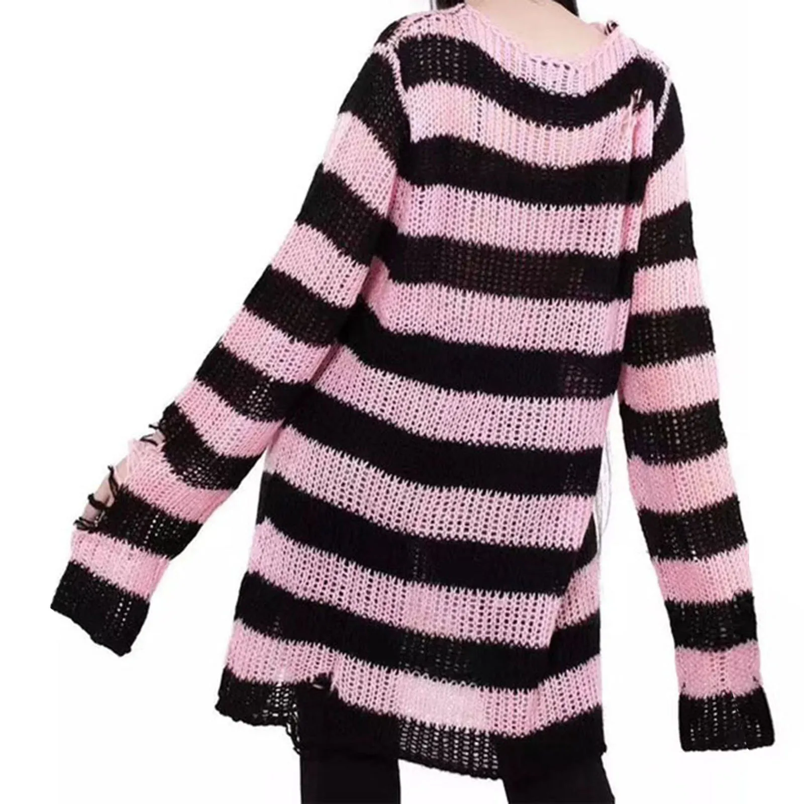 Women Punk Gothic Striped Hollow Out Sweater Color Block Long Sleeve Ripped Oversized Pullovers Retro Casual Knitted Jumpers red sweater