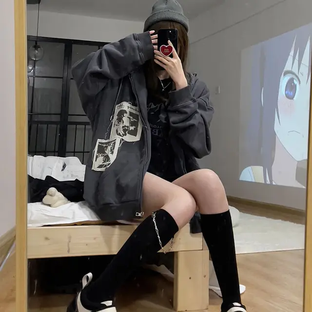 Blusa feminina com capuz Y2K anime Harajuku japonês Kawaii Emo Grunge  Estética Escura Academia Novidade Roupas, Preto, roxo, XXG