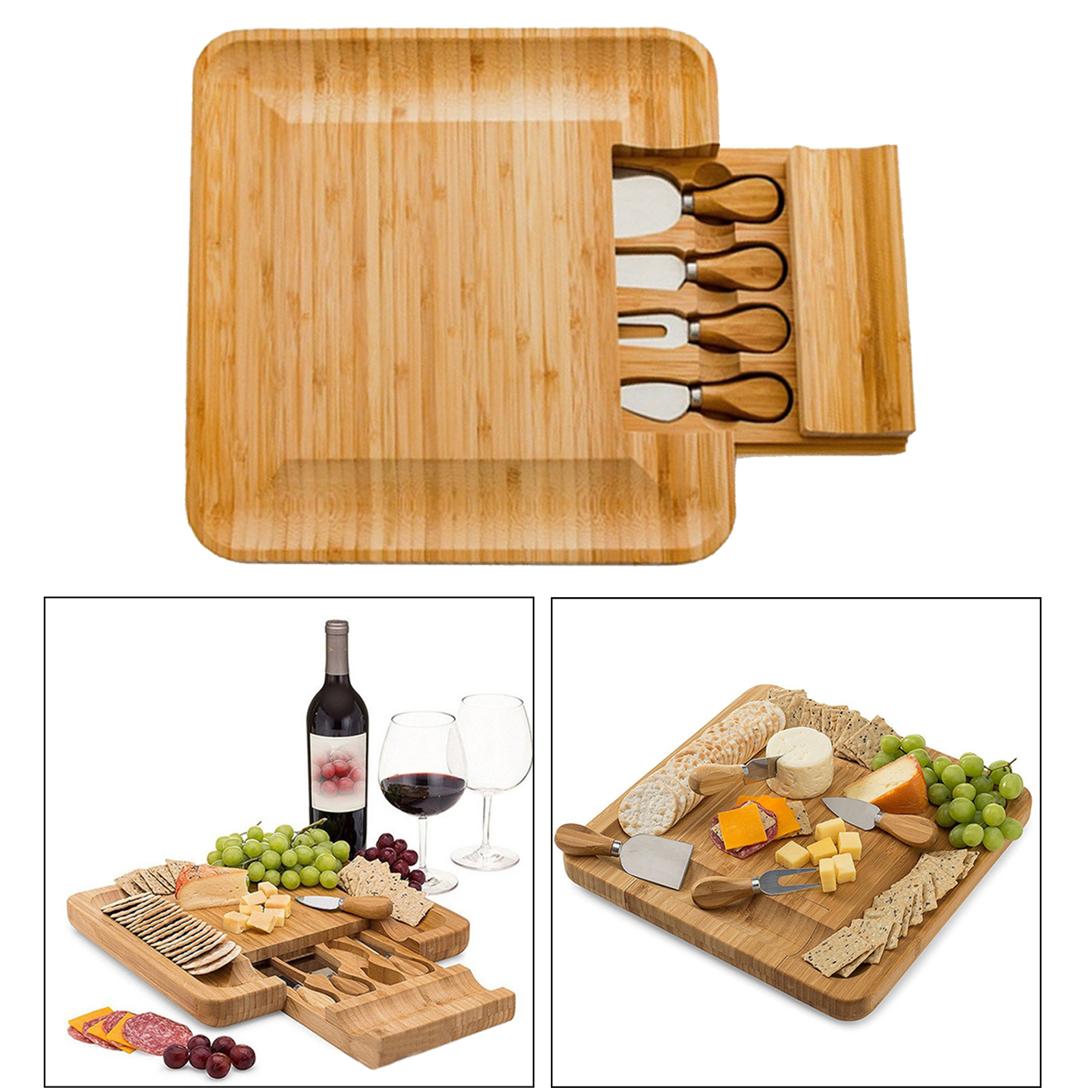 Square Bamboo Cheese Board  Platter & Knife Set Slide-Out Drawer