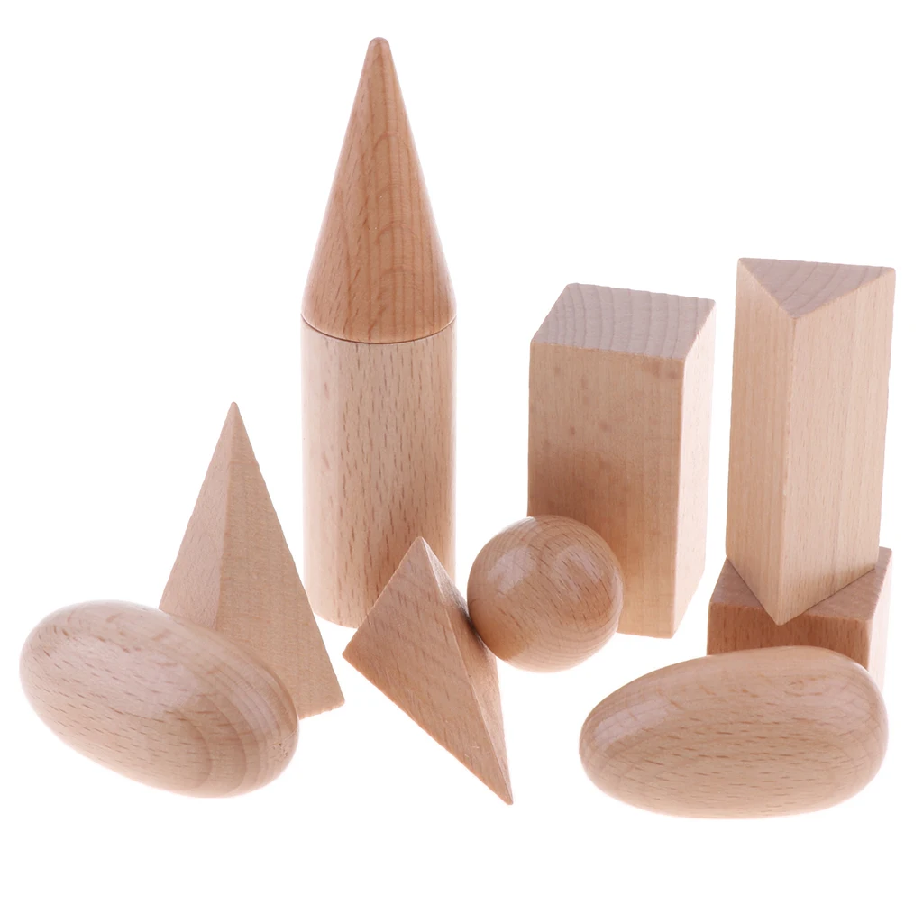 Set of 10 Wooden 3D Shapes Geometric Solid Math Blocks Preschool Learning Toys 