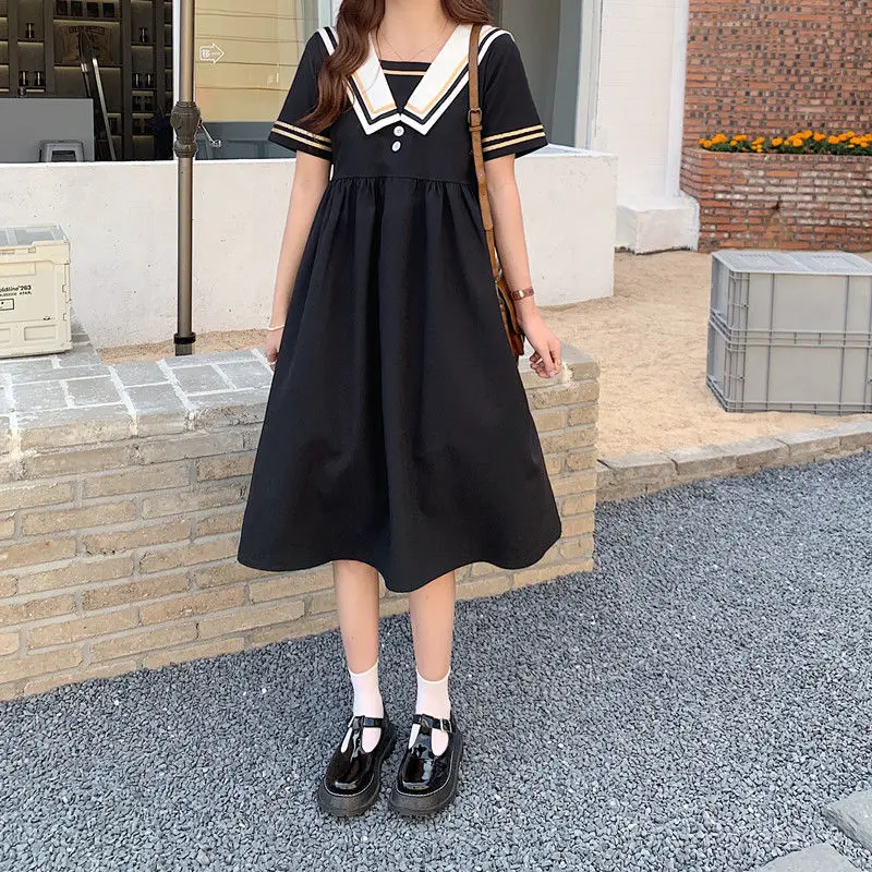 Dresses Women Short Sleeve Bow Sailor Collar Preppy Style Korean All-match Teens Simple Birthday Party Baggy Vintage Chic New cocktail dresses