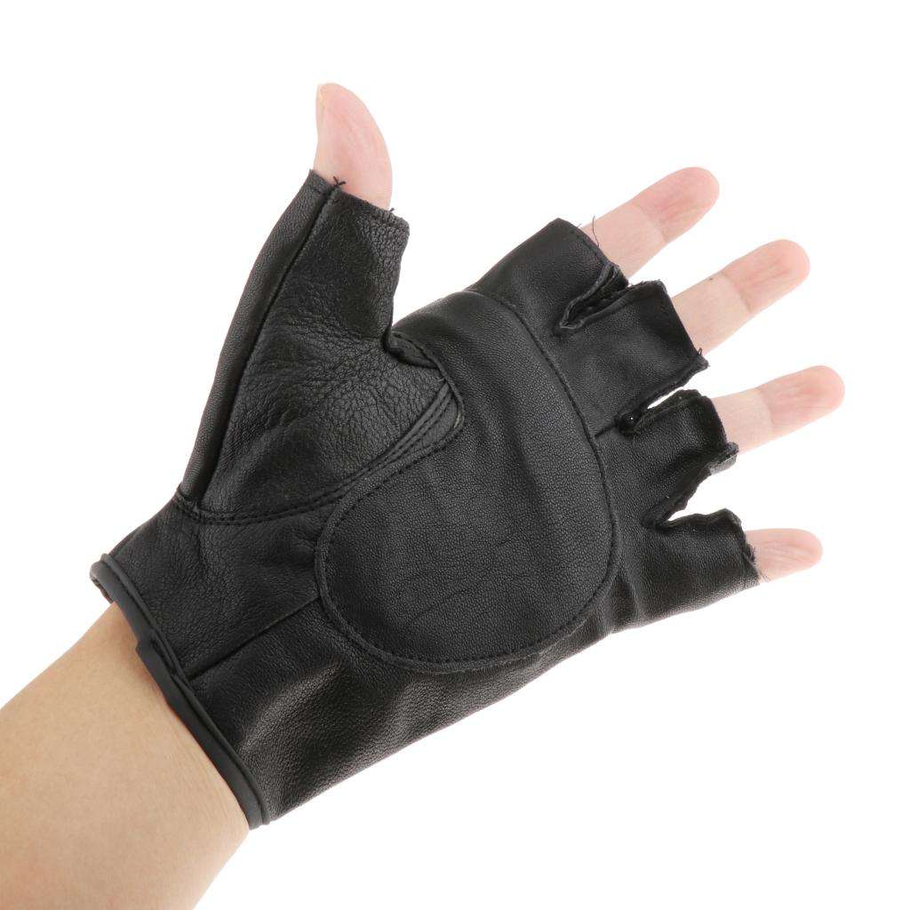 Leather Fingerless Gloves Men's Motorcycle Premium Driving Cycling Weight Lifting Gloves (Black)