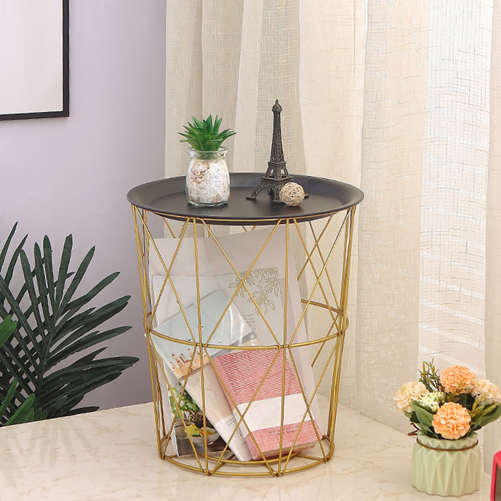 Style Side Table Metal Frame Hollow Out Coffee Movable End Tables Nesting for Nightstand Office Farmhouse Decoration