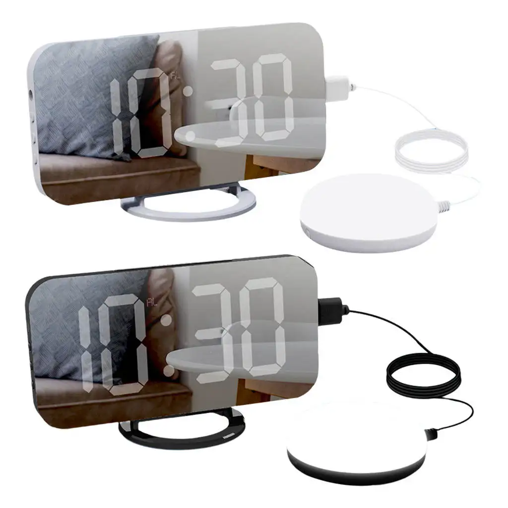 Loud Mirror Alarm Clock USB Cellphone Charger Vibrating Clock Dimmer Large Display with Bed Shaker 12/24 Hour for Bedside Travel