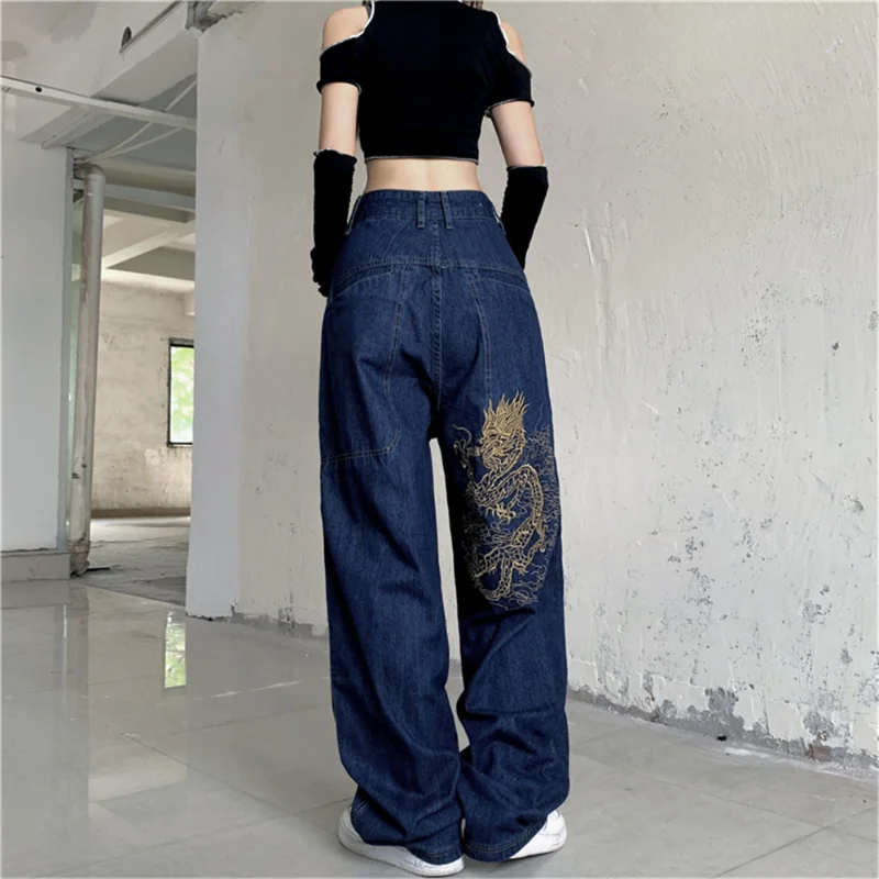 American retro street loose embroidered straight-leg jeans women 2021 new casual all-match high-waist mopping wide-leg trousers purple brand jeans