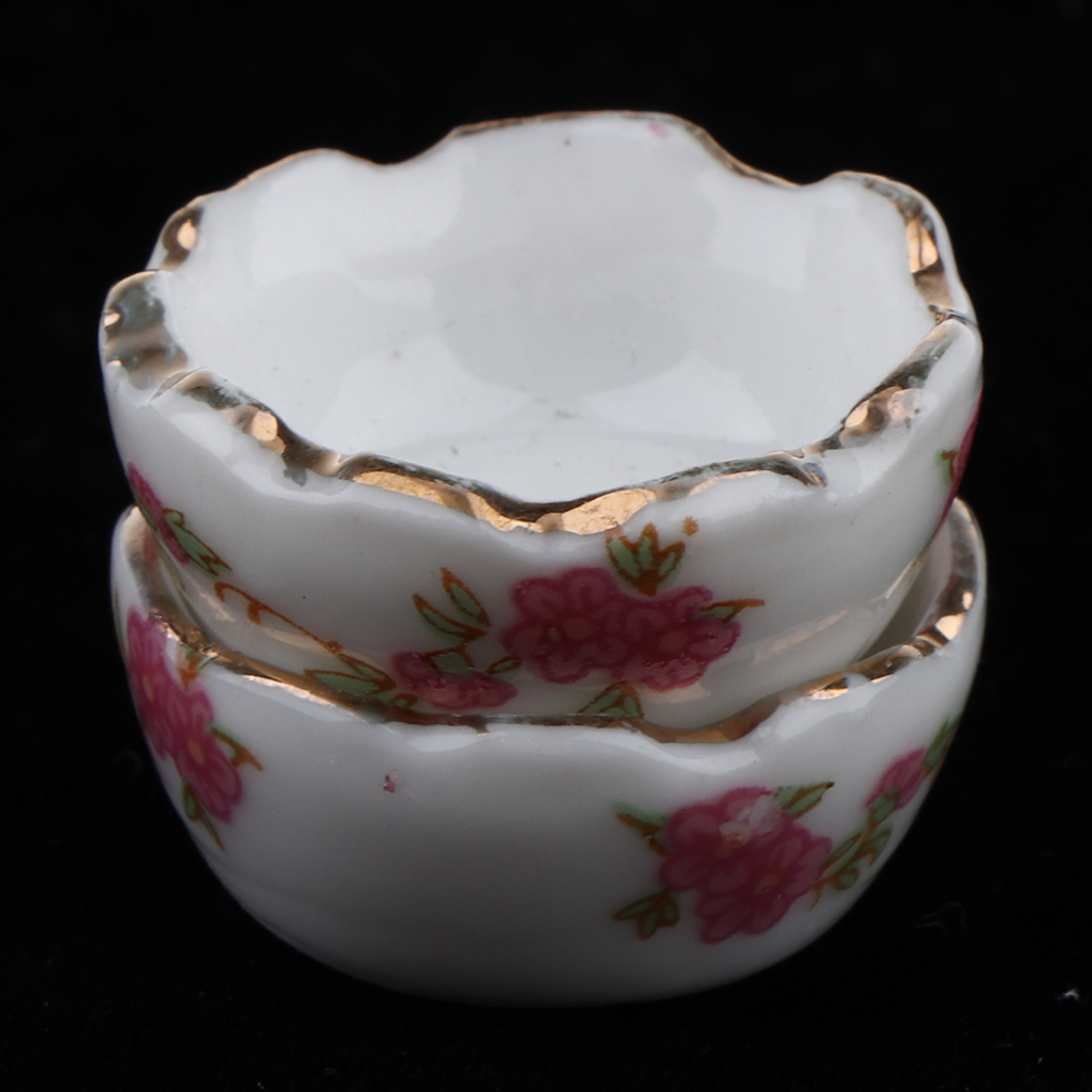 2 Pieces 1/12 Dollhouse Miniature Floral Ceramic Bowl Fruit Dishes Dinnerware Accessories