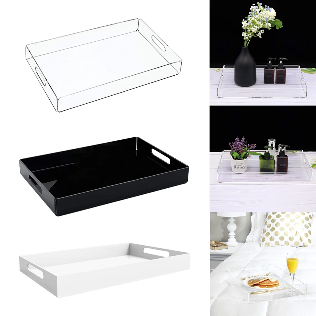 Acrylic Spill Proof Coffee Table Breakfast Tea Serve Food Tray with Handle - Black, White, Clear