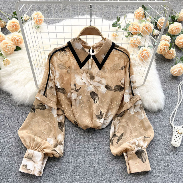 トップス Gajess FLOWER PUFF BLOUSE 36 Taupe Flower Print Smocked Bodice Puff Sleeve Top– PinkBlush