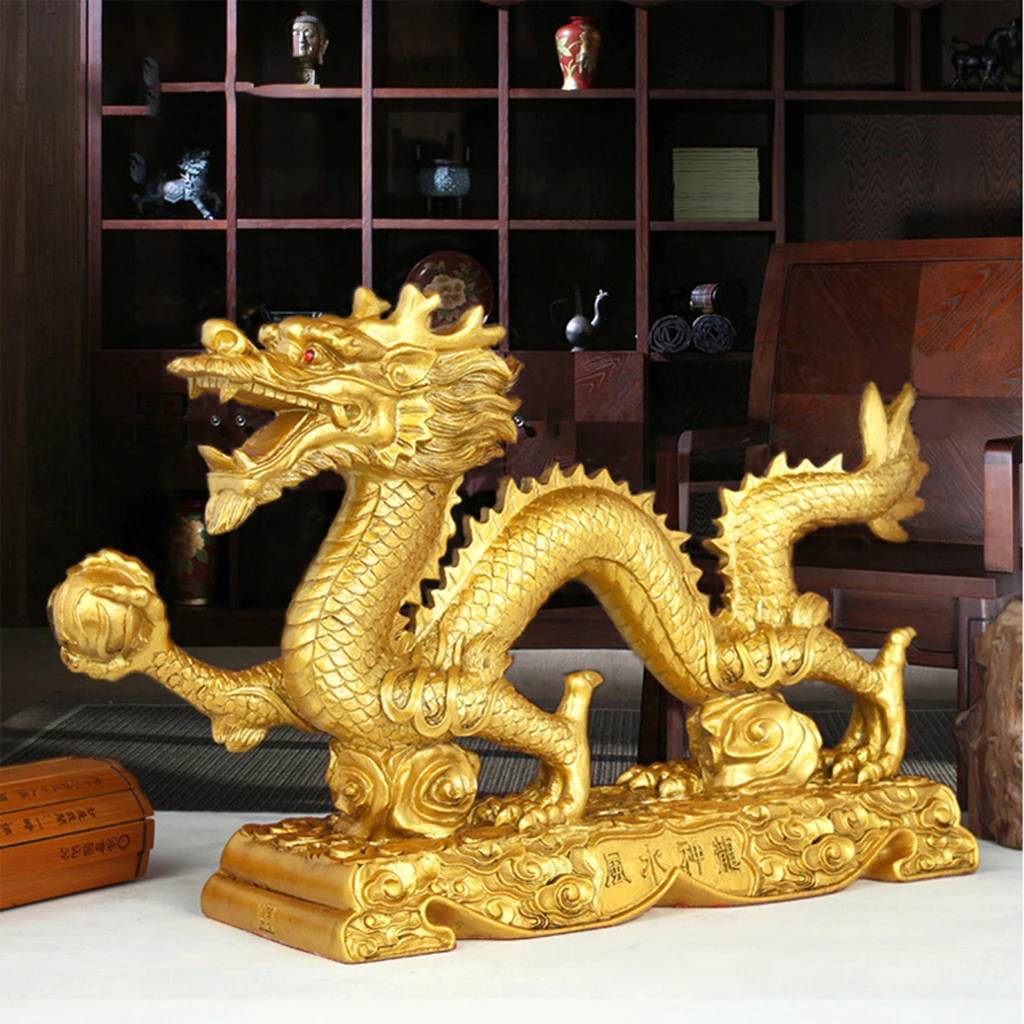 NEW GOLD Chinese Feng Shui Dragon Figurine Statue for Luck & Success #Large 