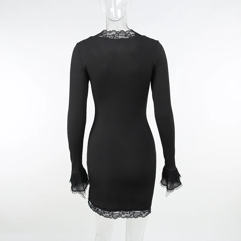 E-girl Grunge Black Mini Dress Women Vintage Streetwear Lace Trim Long Sleeve Wrap Bodycon Dress E-girl Punk Gothic Alt Clothes