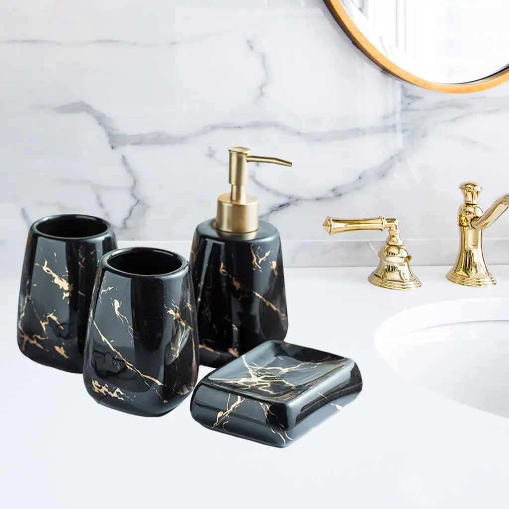 Bath Bathroom Counter Accessories Kit CERAMIC Marble Pattern Lotion Dispenser Soap Dish, Durable Construction