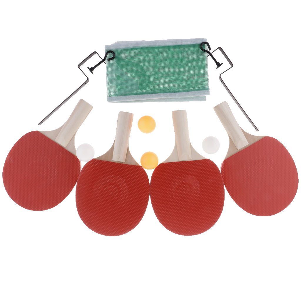 4pcs Table Tennis  Pong Racket White/Colorful Handle Bat Balls Net Set