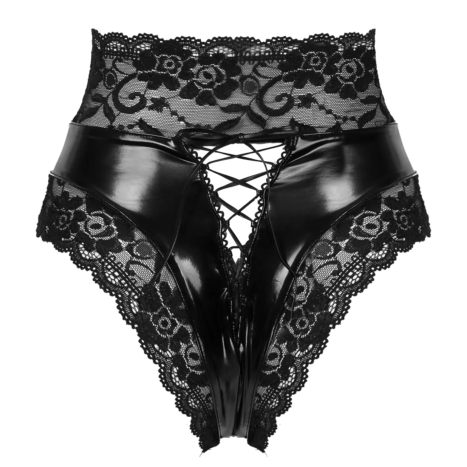 Women Ladies Sexy Lingerie Panties High Waist Underpants Wetlook Leather Latex PVC Briefs Shorts Knickers Lace-up Back Underwear