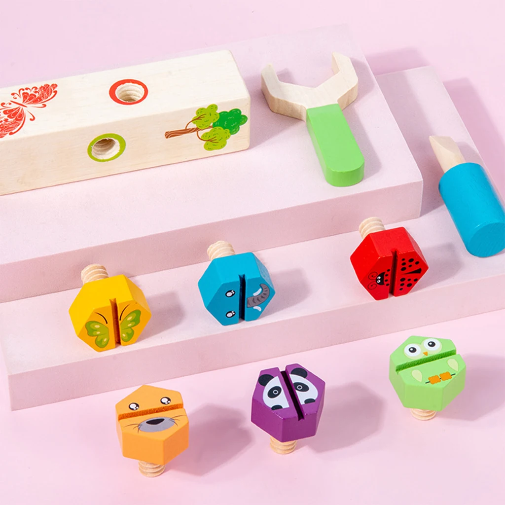 Baby Wood Animal Screw Nut Toy DIY with 6 Screws Wrench Hands-on Ability