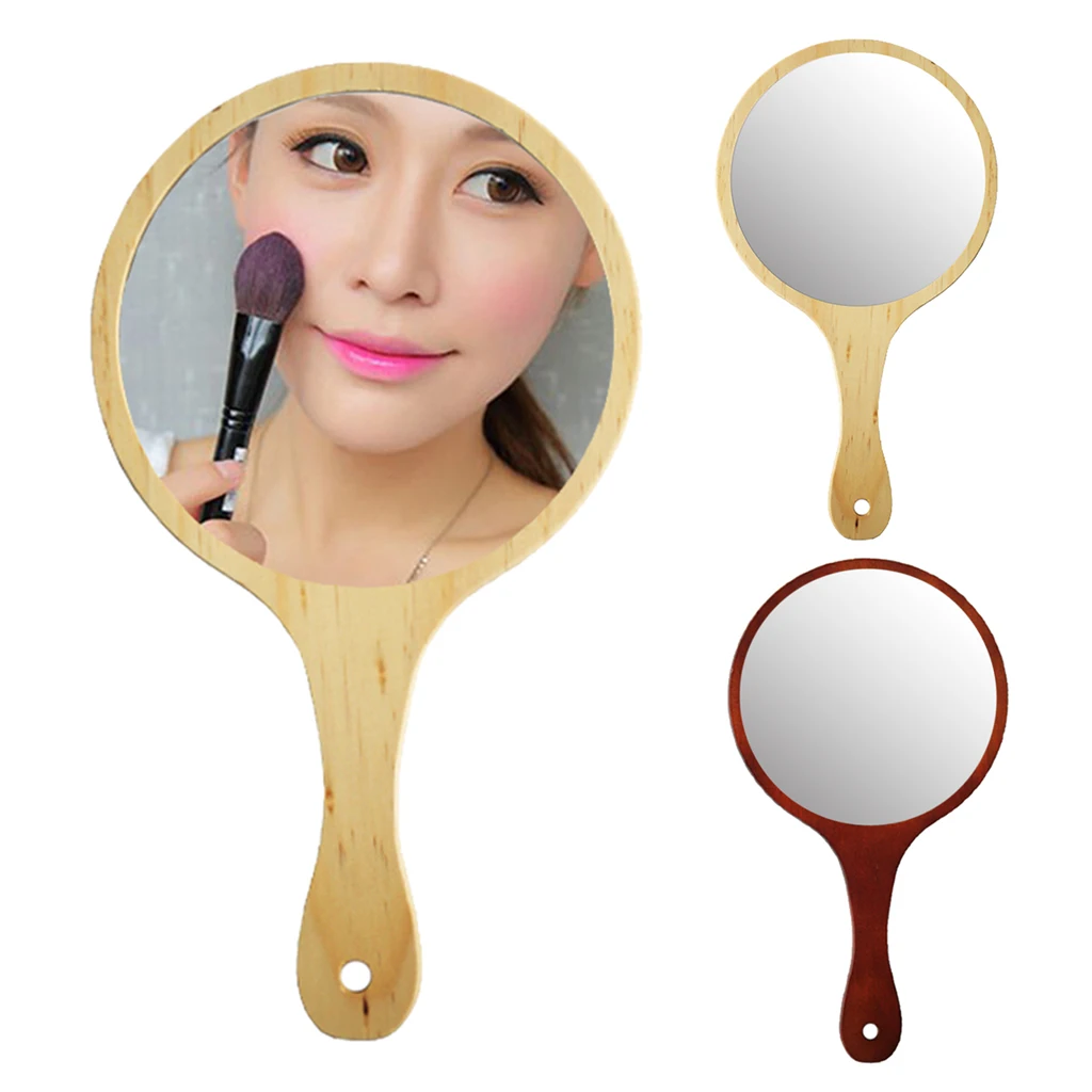 Large Wood Mirror Wooden Hand Held Mirror W/Handle for Makeup Shaving 