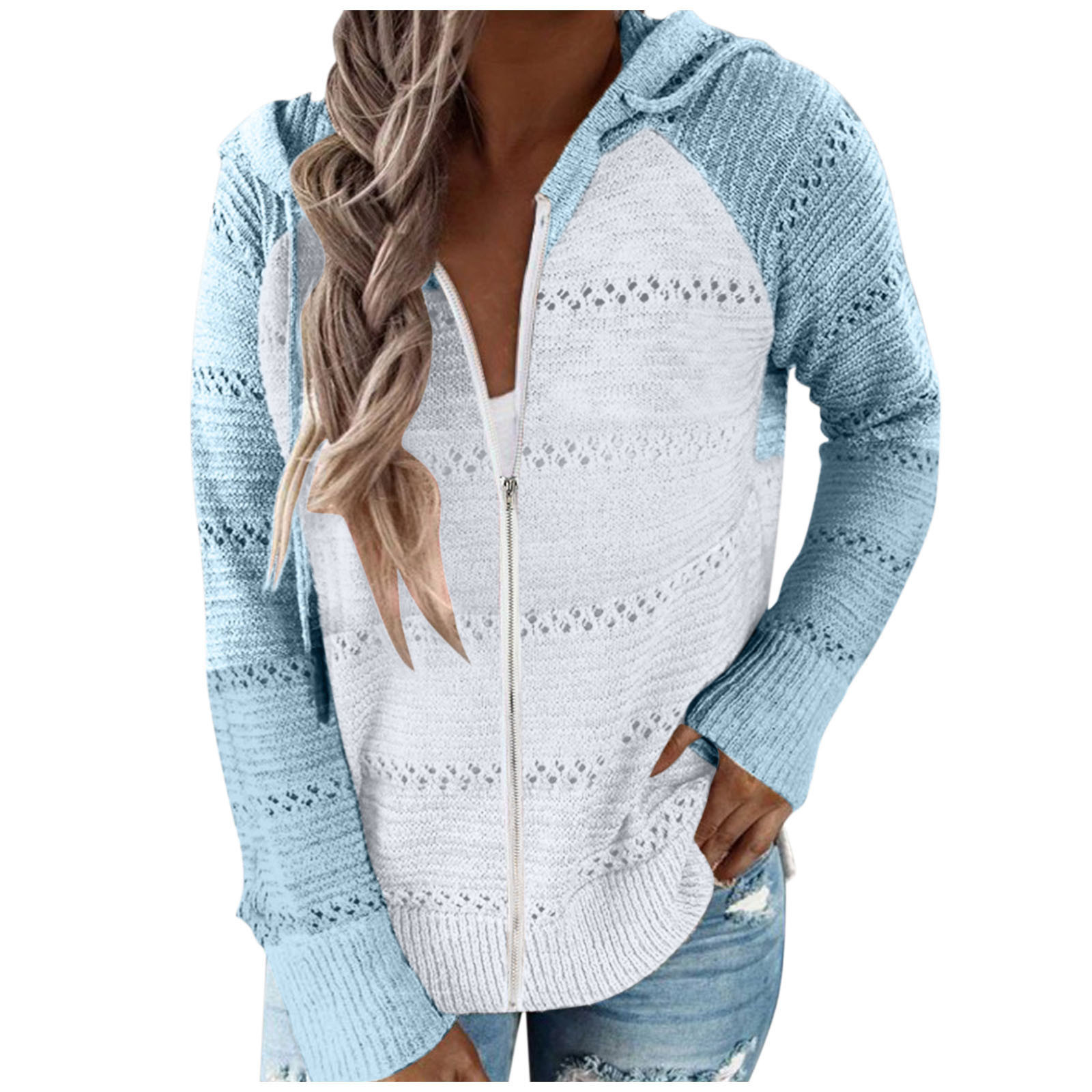 hoodies moda feminina casual retalhos mangas compridas com capuz camisolas elegantes tops outono tricô zíper oco para fora topos