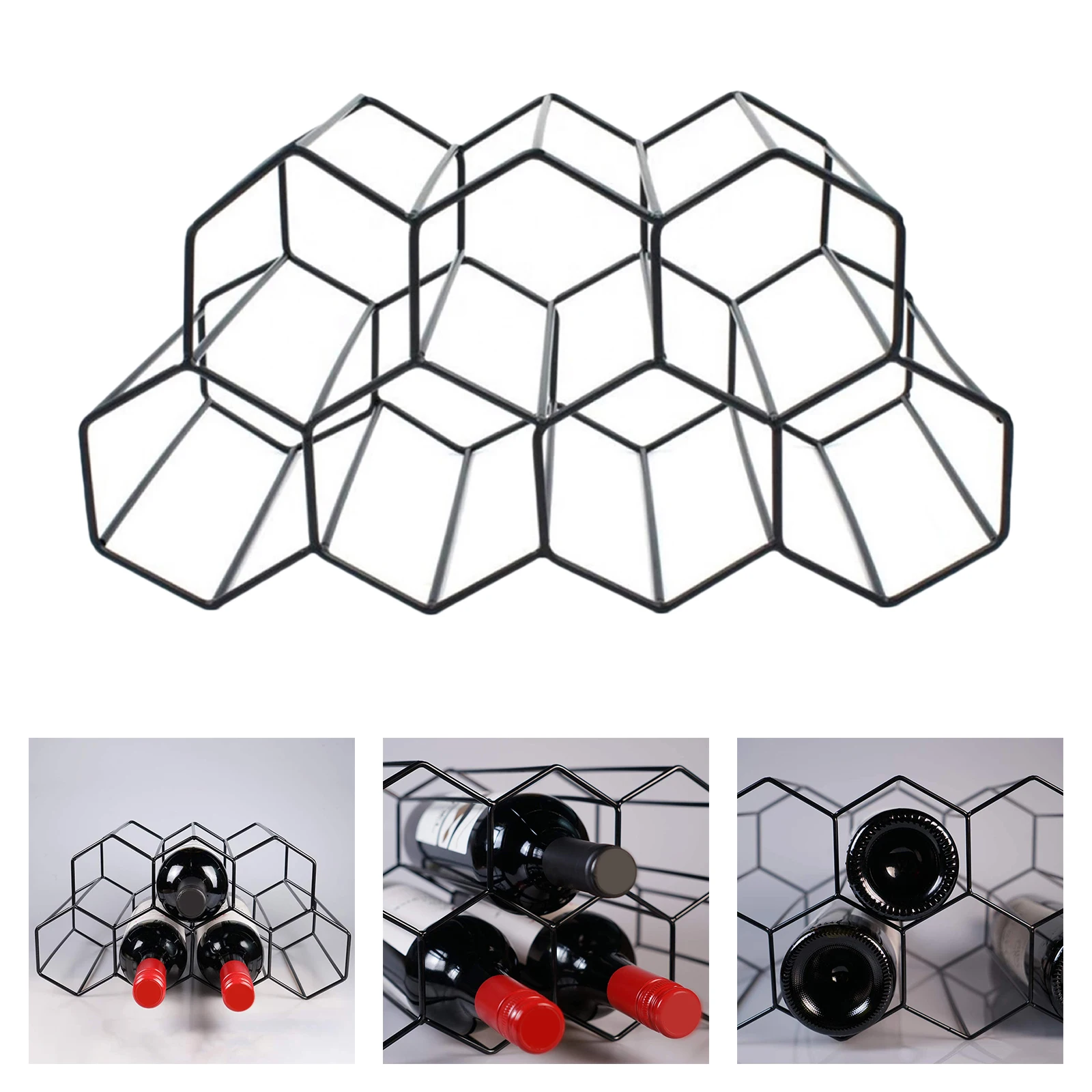 Black Metal Honeycomb Countertop 9 Bottles Space-Saving Red and White Wine Rack Home Living Room Wine Rack Decoration