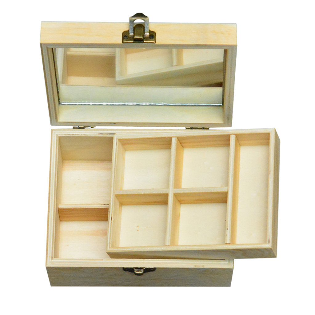 Natural Plain Wood Box Wooden Jewelry Decoupage Storage Box with Mirror Tray